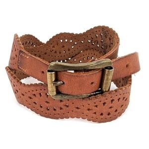 Womens Brown Leather Perforated Eyelet Western Belt Brass Buckle Indie Boho 90s